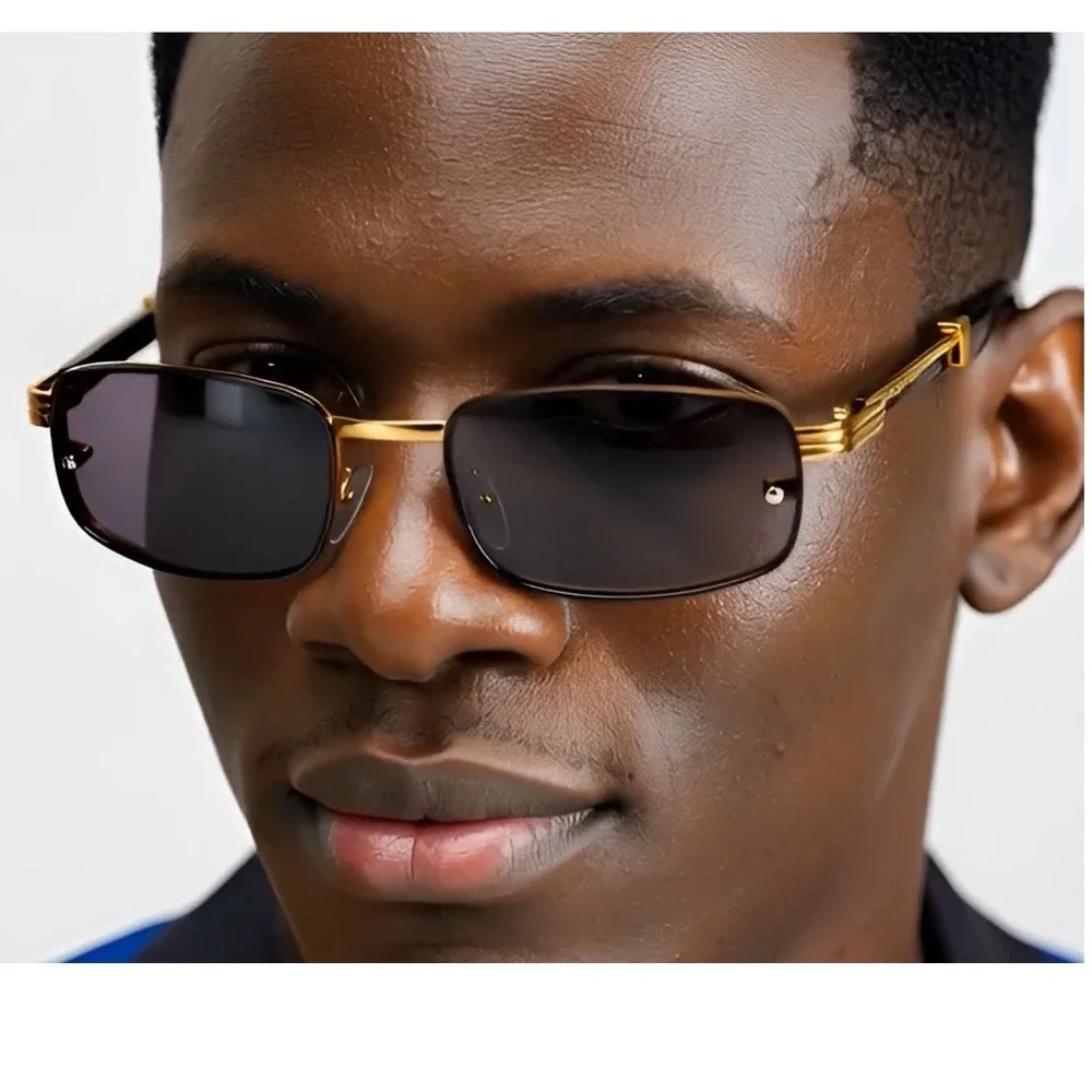 Rimless Rectangle Sunglasses Gold Frame Wood Arms Vintage Style‎ Fashion Lentes